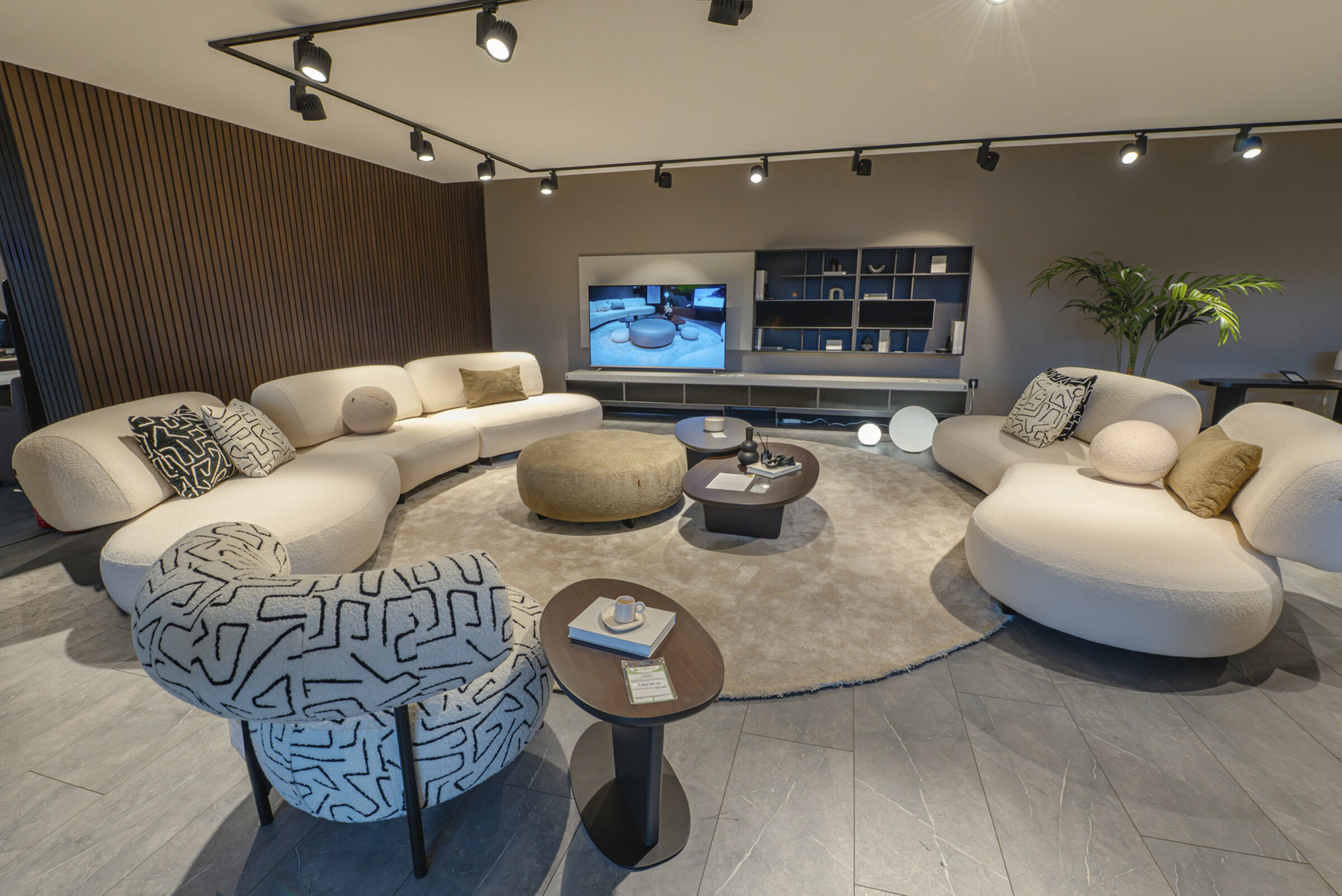 Thoughtfully furnished modern living space with coordinated furniture, warm wood textures, and inviting seating